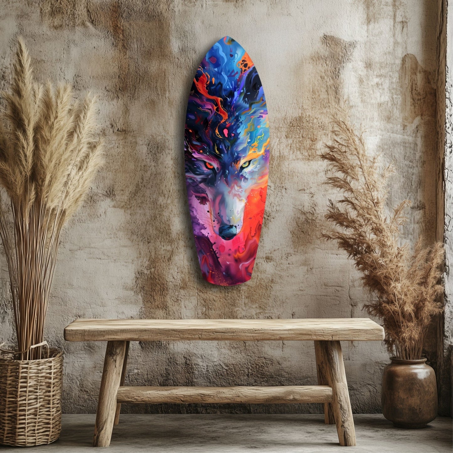 Colorful glass wolf head wall art displayed above wooden bench with dried pampas grass and wicker baskets on textured wall.