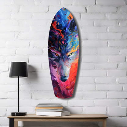 Colorful glass wolf head wall art hung on white brick above wooden desk with lamp and books.