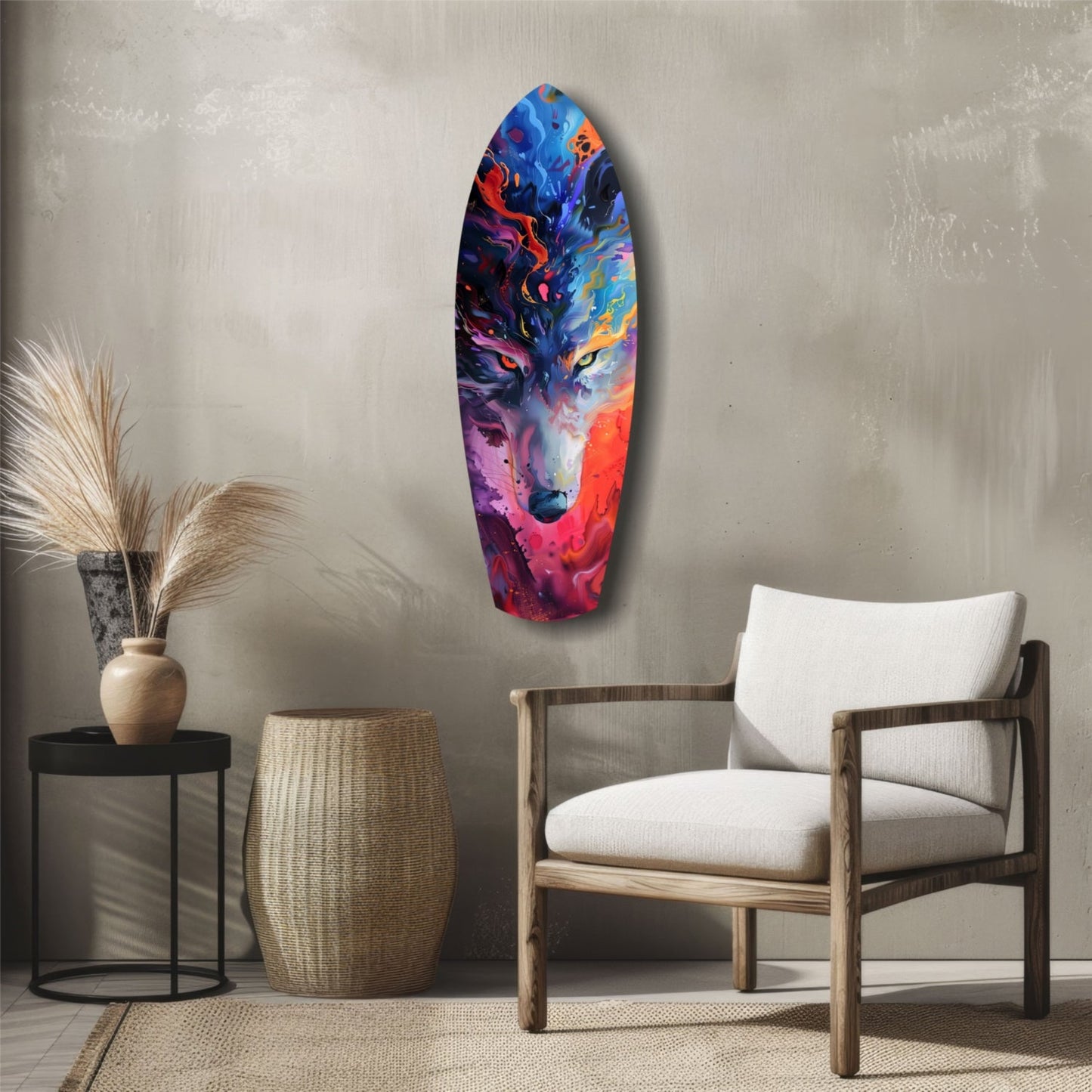 Colorful glass wall art featuring a vibrant wolf head in blues, reds, and purples displayed above a wooden chair in a modern living room setting.