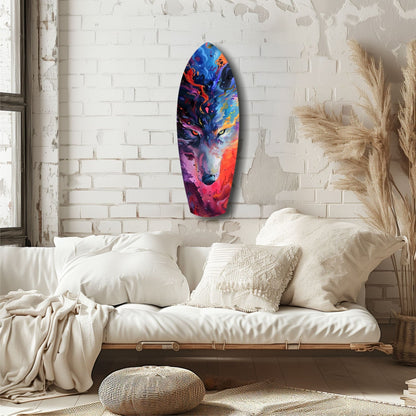 Colorful glass wall art featuring a vibrant wolf head in blue, purple, red, and orange tones, displayed above a white linen daybed in a minimalist brick bedroom.