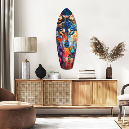 Colorful abstract wolf head glass wall art displayed above wooden mid-century modern credenza in contemporary living room setting.