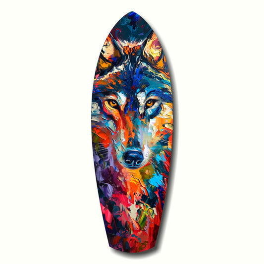 Colorful abstract wolf head portrait on elongated surfboard-shaped glass panel with vibrant blues, oranges, reds, and yellows.
