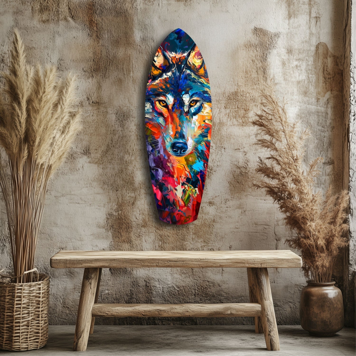 Colorful abstract wolf head glass art hanging on textured beige wall above wooden bench with dried pampas grass decor.