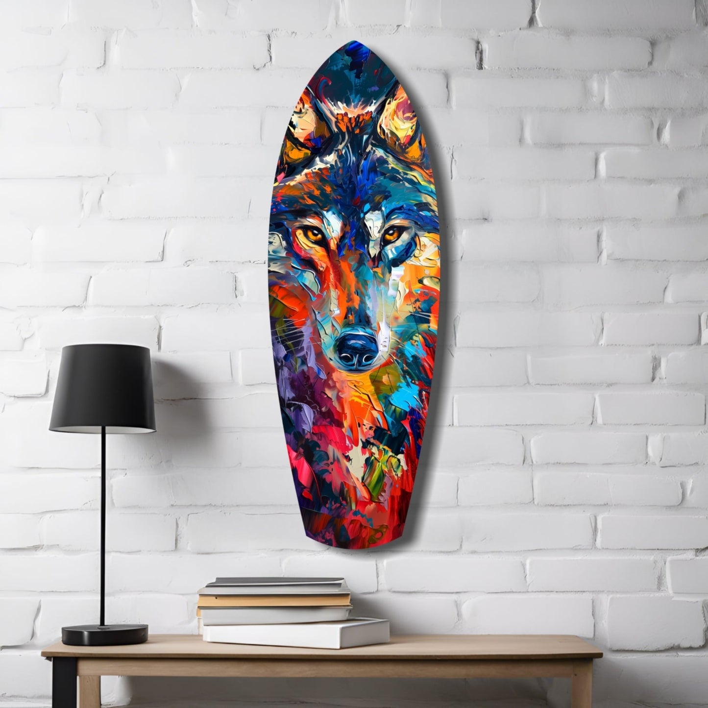 Colorful glass surfboard wall art depicting a multicolored wolf's face displayed on white brick with lamp and books below.
