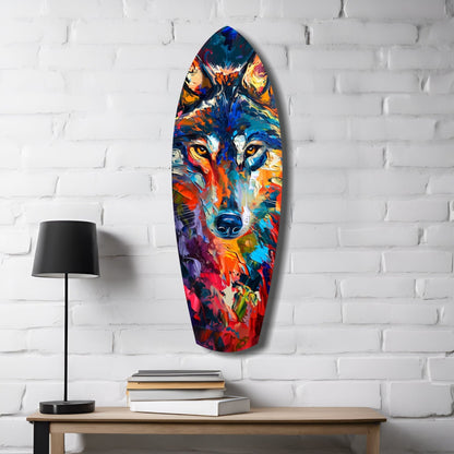 Colorful glass surfboard wall art depicting a multicolored wolf's face displayed on white brick with lamp and books below.