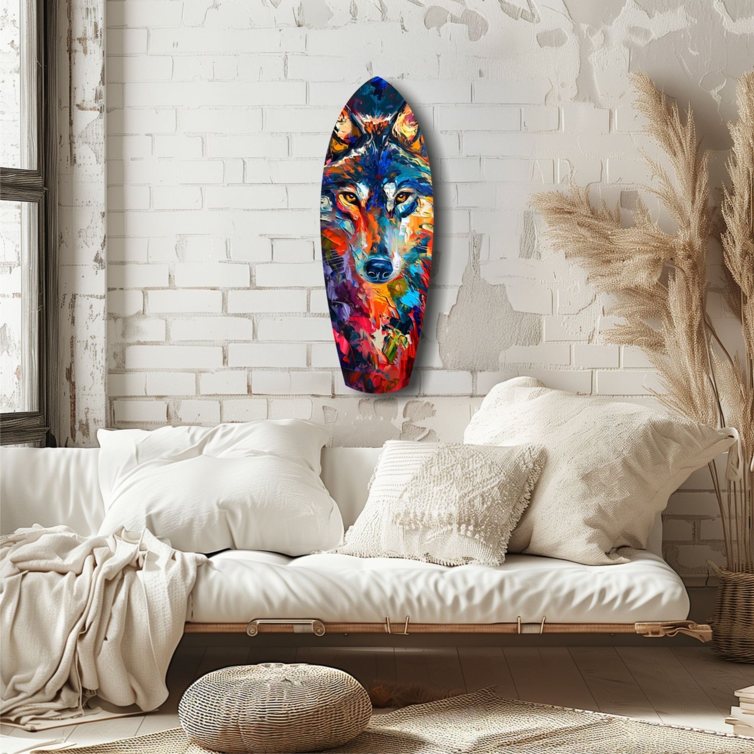 Colorful abstract wolf head glass art displayed on white brick wall above cream bedding in minimalist bedroom setting.