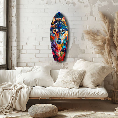 Colorful abstract wolf head glass art displayed on white brick wall above cream bedding in minimalist bedroom setting.