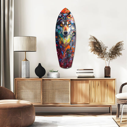 Colorful abstract wolf head glass art displayed on white wall above wooden mid-century modern credenza in contemporary living room setting.