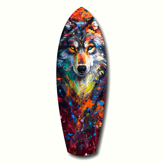 Colorful abstract wolf head portrait on elongated surfboard-shaped glass panel with vibrant paint splatters transitioning from warm to cool tones.