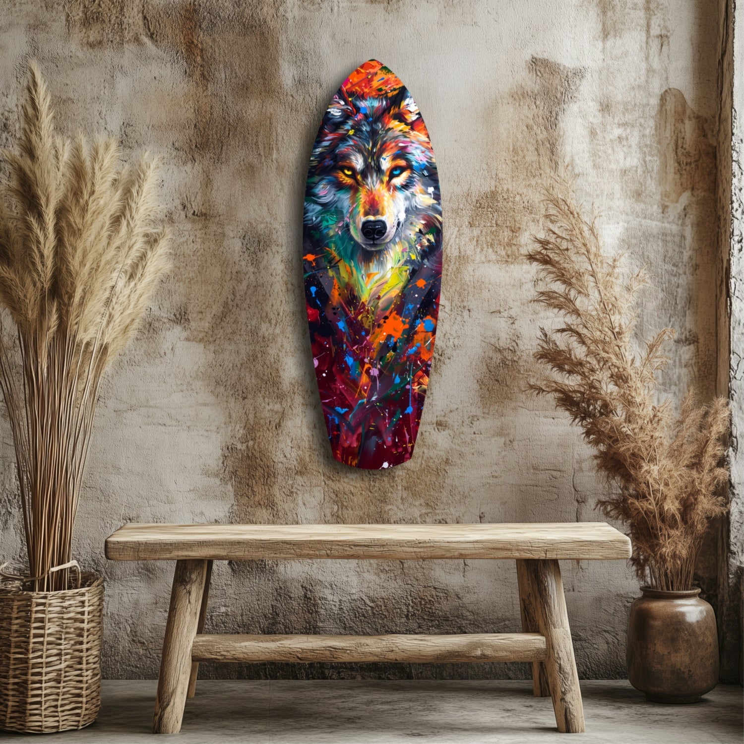 Colorful wolf head glass art hanging on textured wall above wooden bench with dried pampas grass decor.