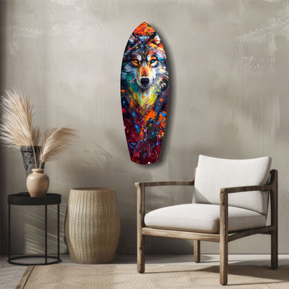 Colorful abstract wolf head glass wall art displayed above wooden chair in minimalist interior with neutral furnishings.