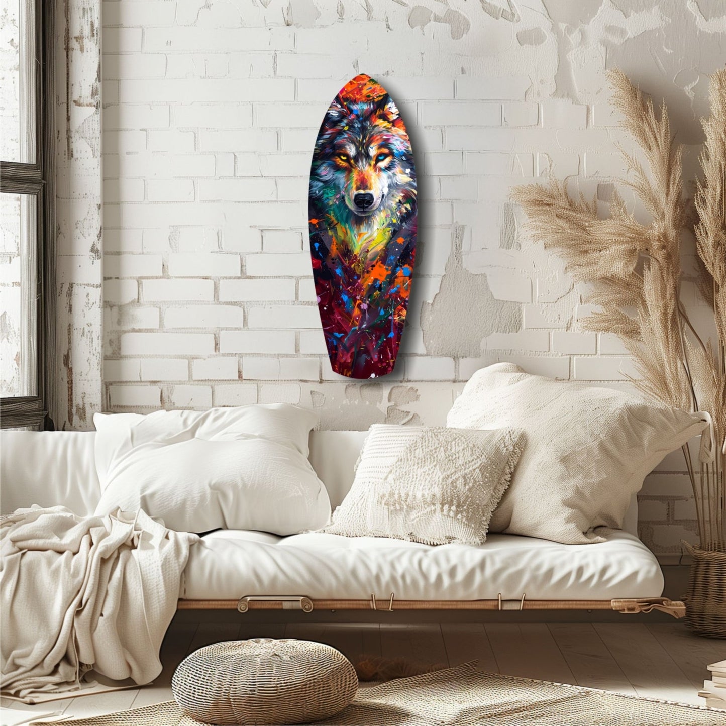 Colorful wolf portrait glass art with vibrant blue, orange, and red hues displayed on white brick wall above cream bedding.