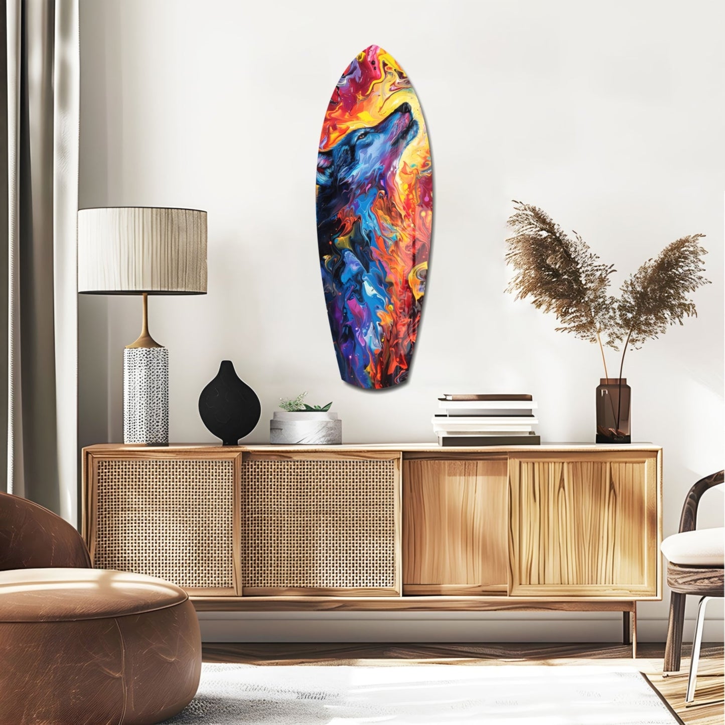 Colorful abstract glass surfboard wall art in vibrant blues, reds, and yellows displayed above wooden mid-century console in modern living room setting.