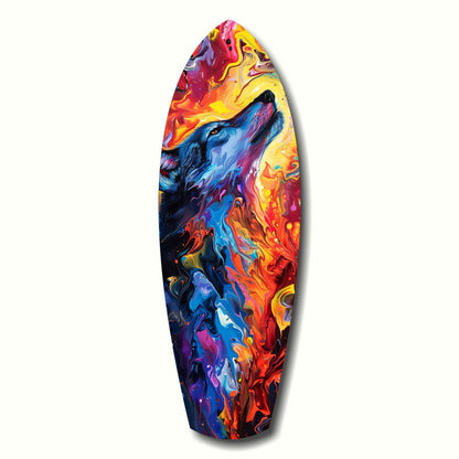Vibrant surfboard-shaped glass art featuring a howling wolf in blue tones against swirling flames in red, yellow, and pink.