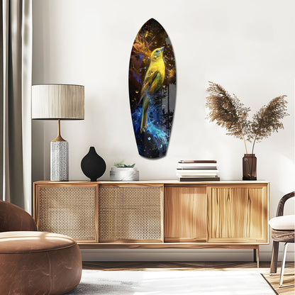 Yellow Bird glass wall art displayed above a wooden credenza in a modern living room setting with natural lighting.