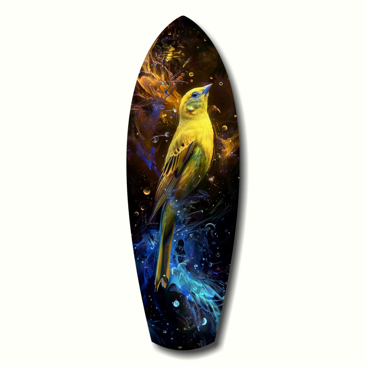 Yellow and green bird depicted in profile on elongated oval glass panel with dark background and blue and gold abstract swirling effects.