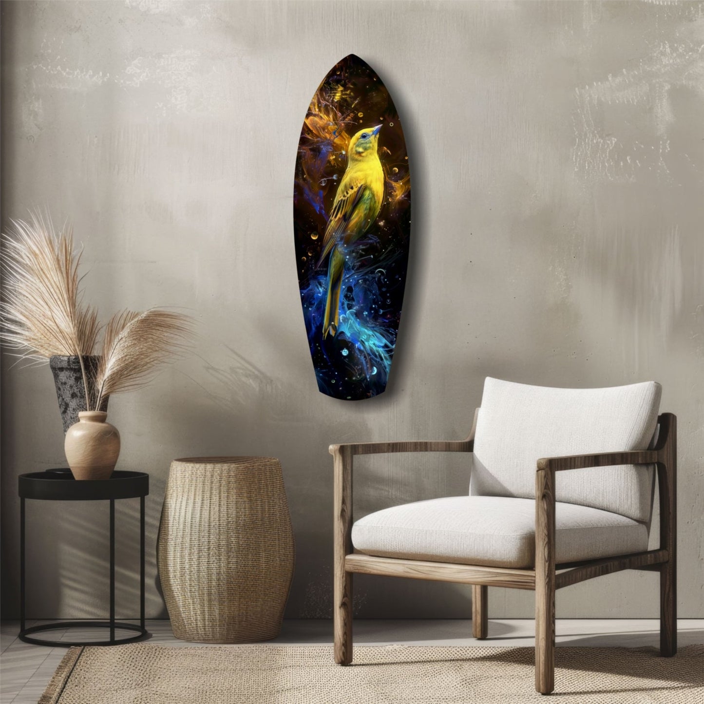 Yellow glass bird wall art displayed above a wooden chair in a minimalist interior setting with neutral tones.