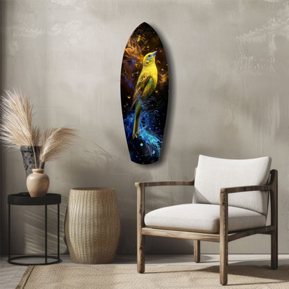 Yellow glass bird wall art displayed above a wooden chair in a minimalist interior setting with neutral tones.
