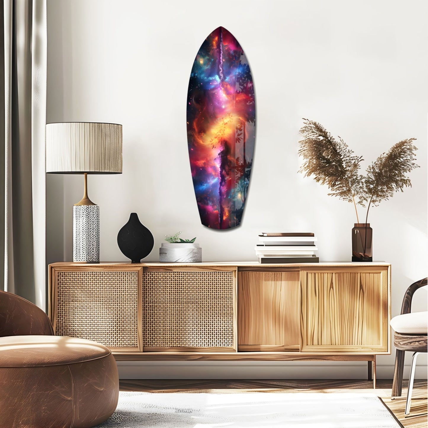 Safrane Space Glass Wall Art displayed vertically above wooden credenza, featuring vibrant cosmic nebula design in purple, blue, pink, and gold tones.