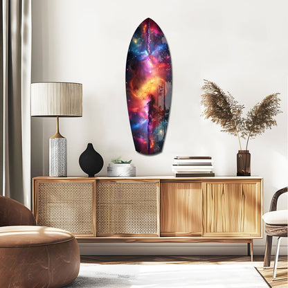Safrane Space Glass Wall Art displayed vertically above wooden credenza, featuring vibrant cosmic nebula design in purple, blue, pink, and gold tones.