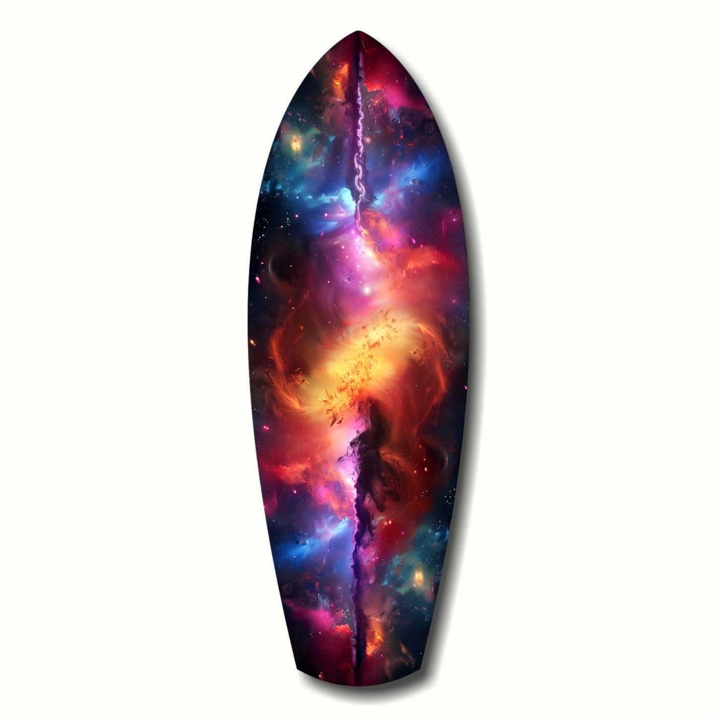 Elongated teardrop-shaped glass art featuring a vibrant cosmic nebula design with central bright yellow core and radiating pink, purple, blue, and orange galaxy imagery.