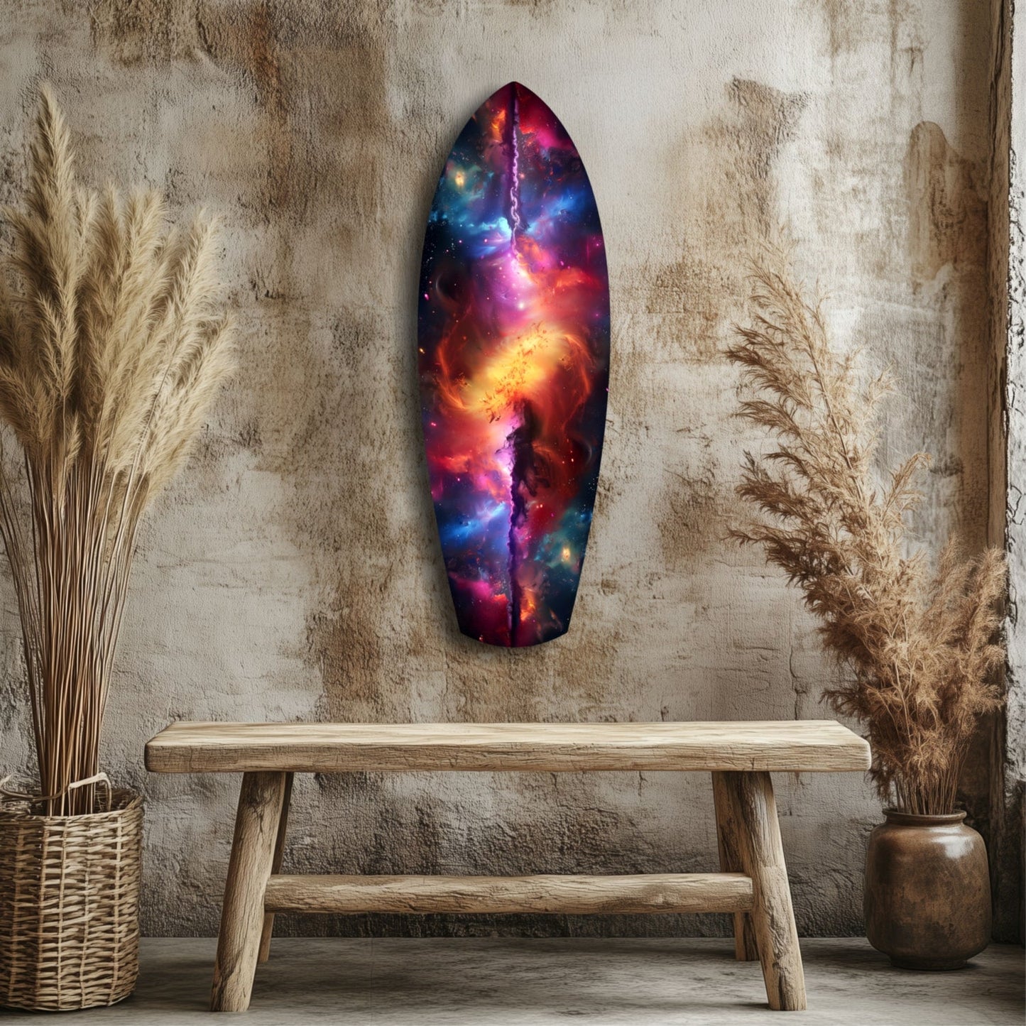 Safrane Space Glass Wall Art hanging above wooden bench, displaying vibrant galaxy imagery in reds, oranges, blues, and purples against textured cream wall with dried grasses.