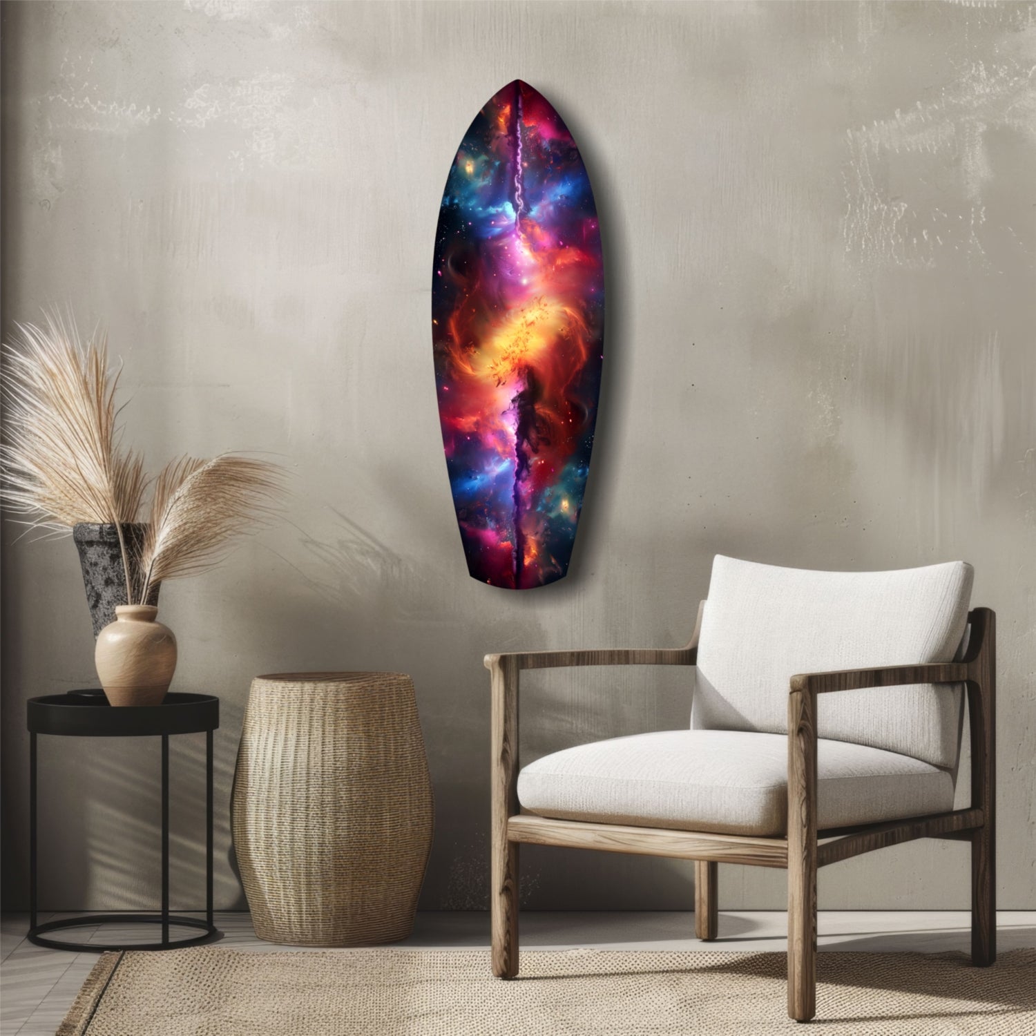 Safrane Space Glass Wall Art displaying vibrant cosmic nebula design in reds, blues, and golds, hung above mid-century modern furniture in a minimalist room setting.