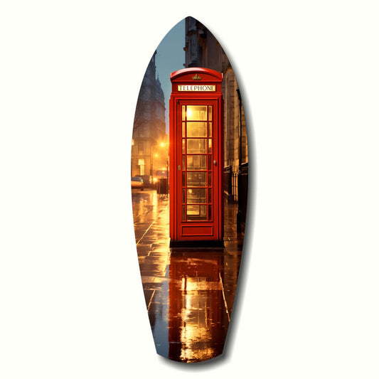 Red British telephone booth illuminated at dusk on wet pavement, displayed as elongated oval glass wall art panel.