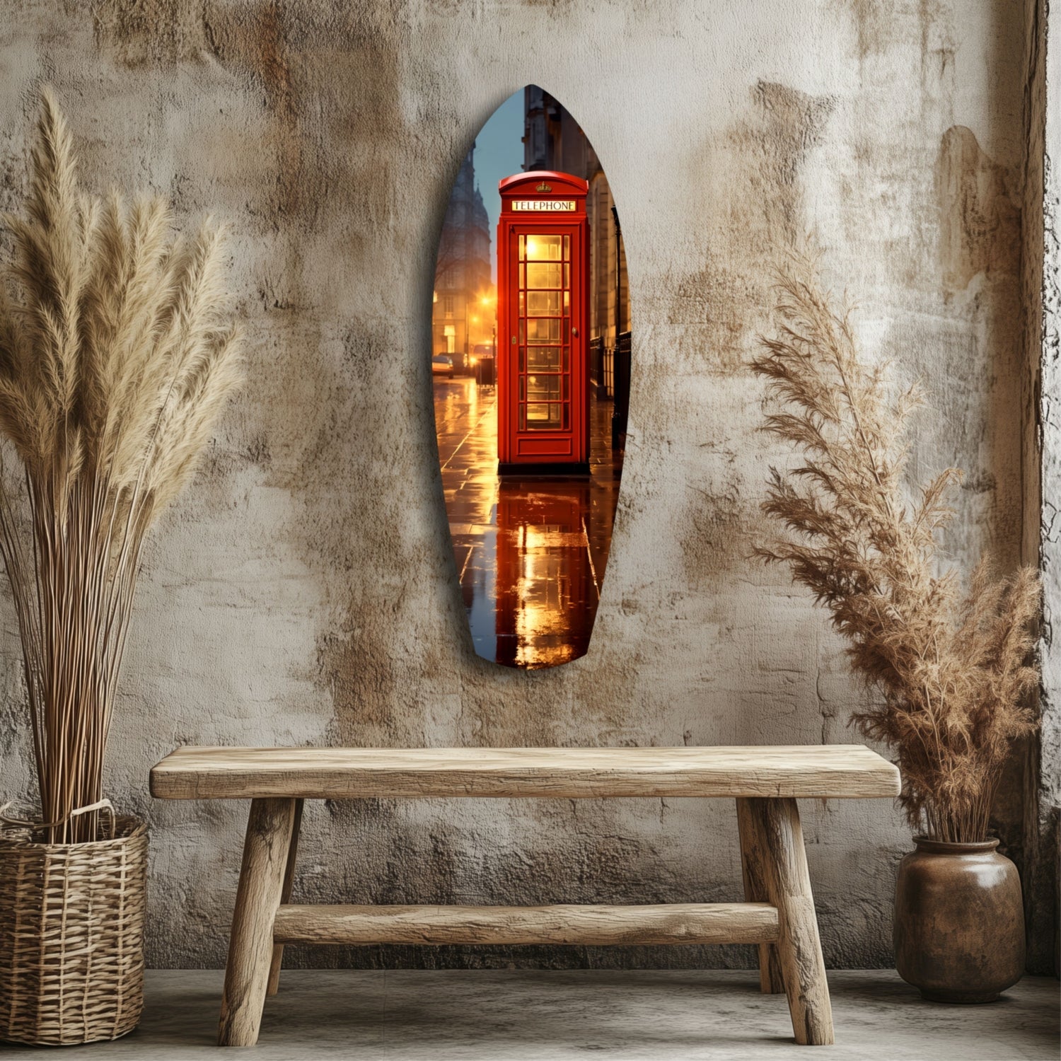 Oval mirror with red British telephone booth reflecting evening streetlight, hung on textured beige wall above wooden bench with dried grasses beside it.