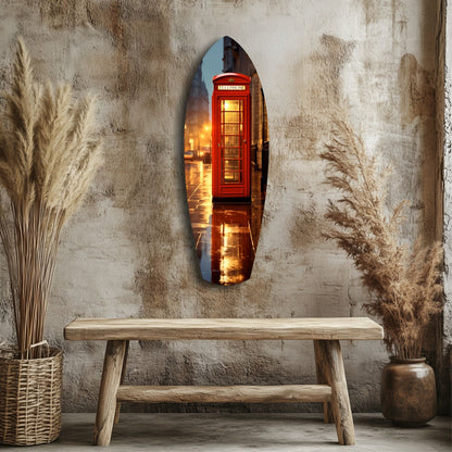 Oval mirror with red British telephone booth reflecting evening streetlight, hung on textured beige wall above wooden bench with dried grasses beside it.