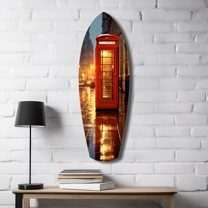 Oval glass wall art depicting a glowing red British telephone booth on a wet London street, hung on white brick with a lamp and books below.