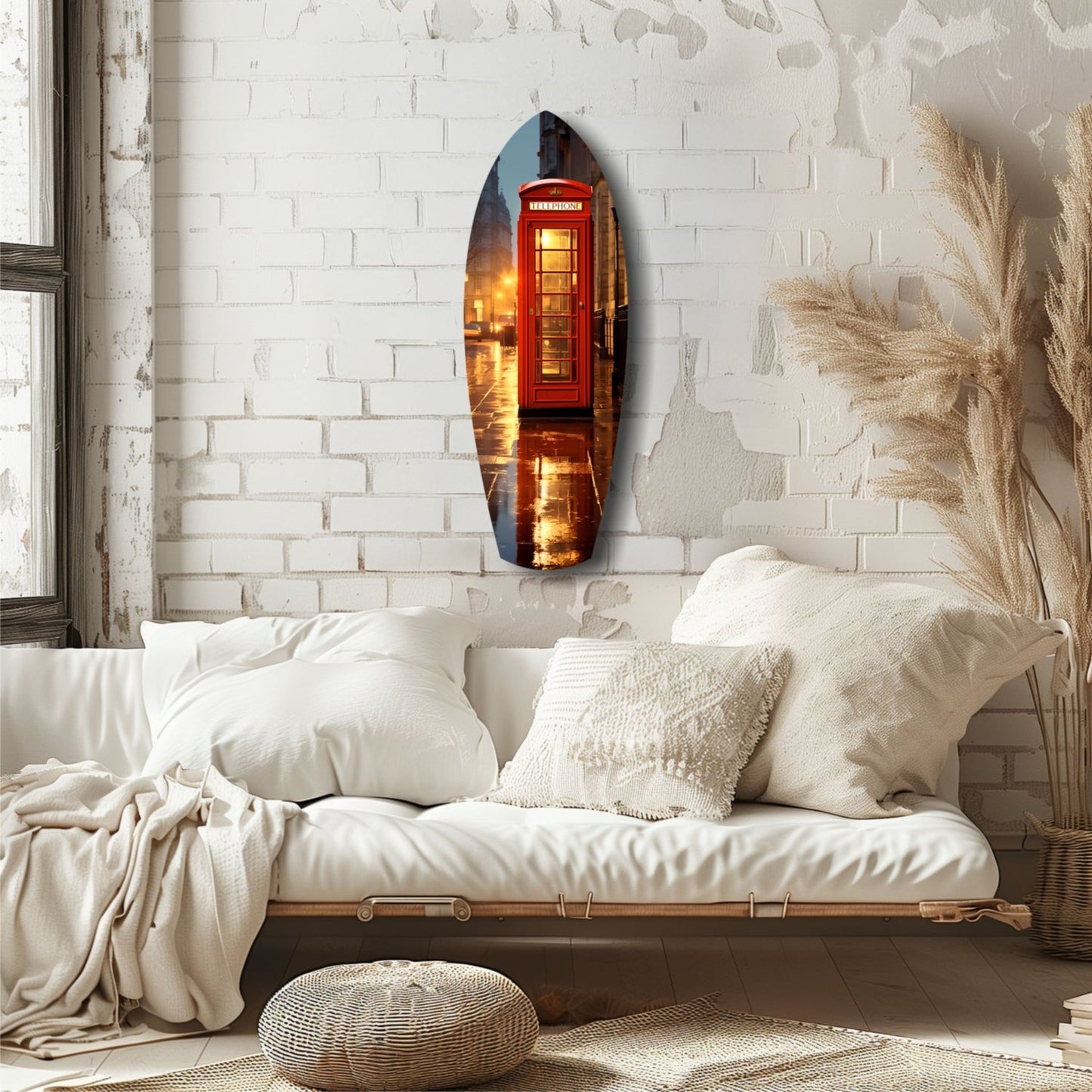 Oval glass wall art depicting a glowing red British phone booth displayed above a white linen daybed in a minimalist bedroom.