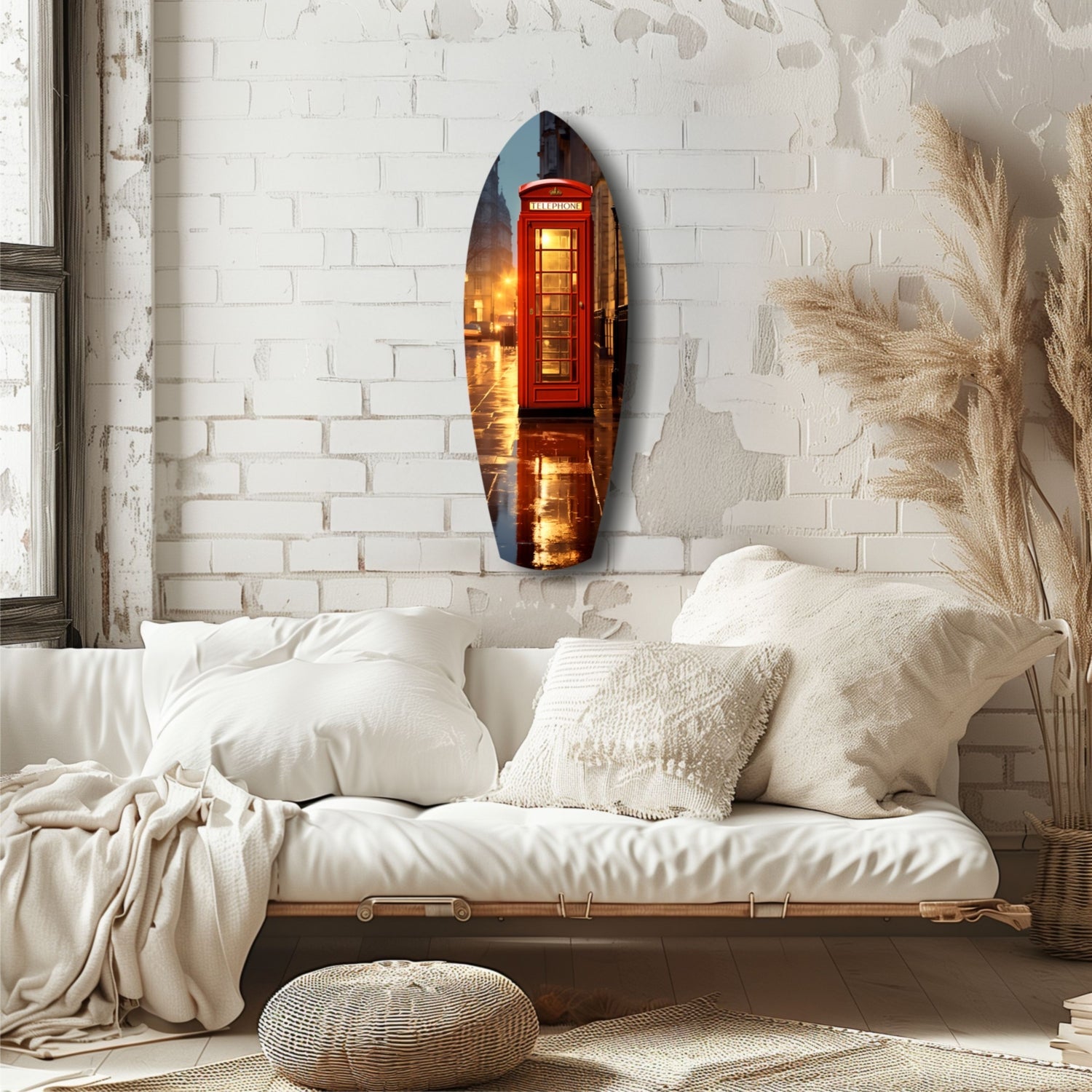Oval glass wall art depicting a glowing red British phone booth displayed above a white linen daybed in a minimalist bedroom.