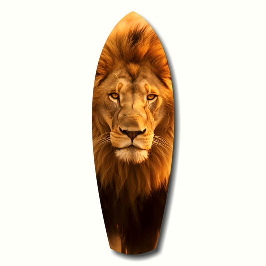 Elongated oval glass wall art featuring a majestic lion's head with golden mane against dark gradient background.
