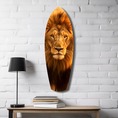 Mr Lion Glass Wall Art mounted on white brick wall above wooden desk with black lamp and stacked books.