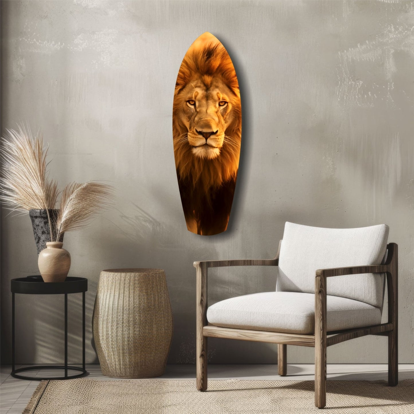 Mr Lion Glass Wall Art displaying a lion's face portrait in golden and brown tones mounted on a gray wall above mid-century furniture.