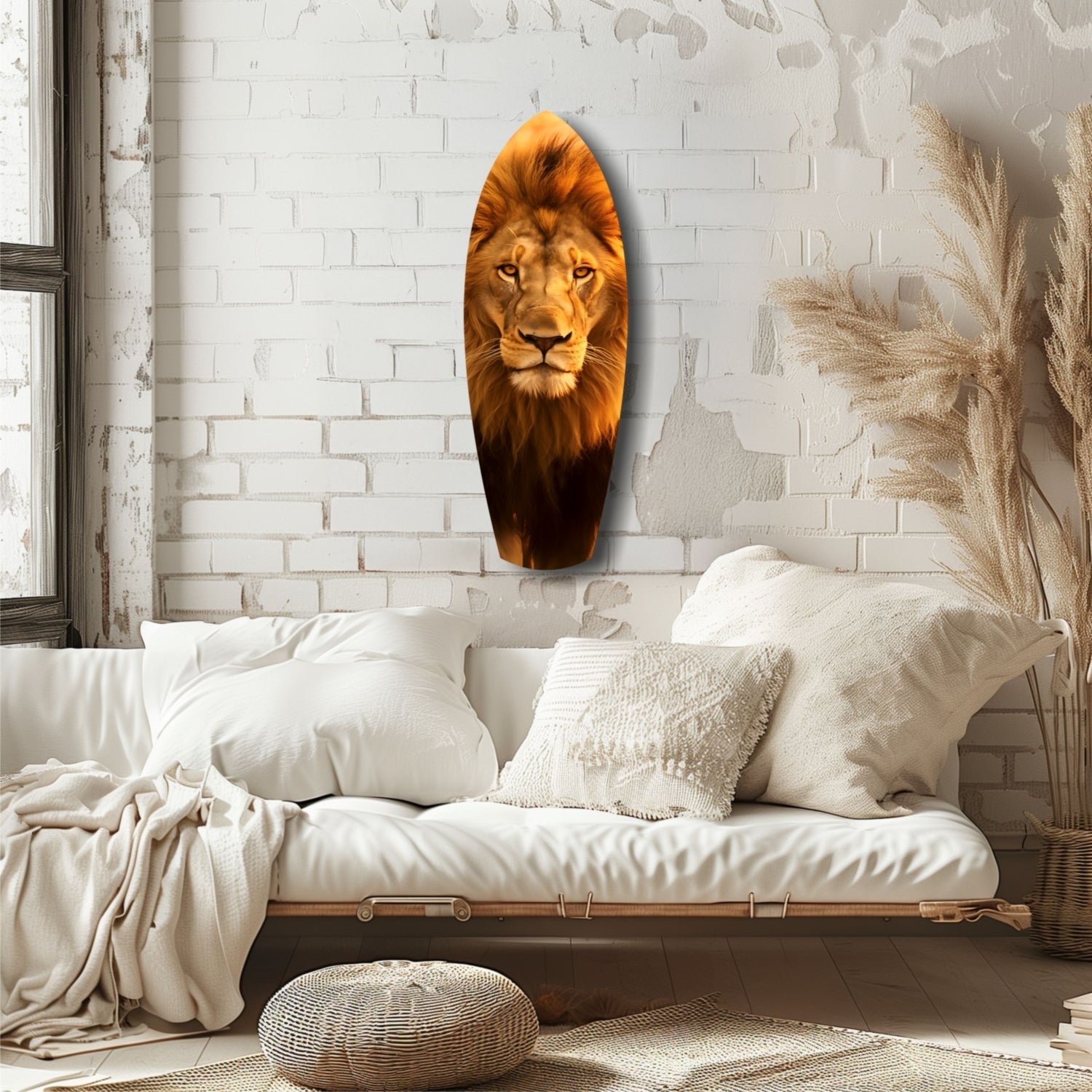 Oval golden lion head glass wall art mounted above a cream bedding setup in a minimalist white brick bedroom.