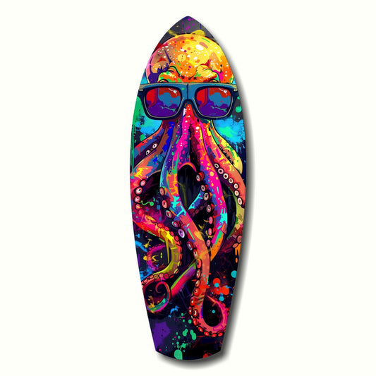 Vibrant neon octopus wearing sunglasses, painted in multicolored psychedelic patterns on elongated surfboard-shaped glass art.