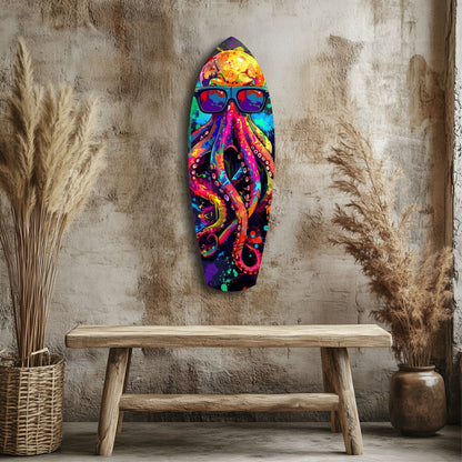 Colorful Mr Octopus glass wall art featuring vibrant rainbow octopus with sunglasses displayed on textured wall above wooden bench.