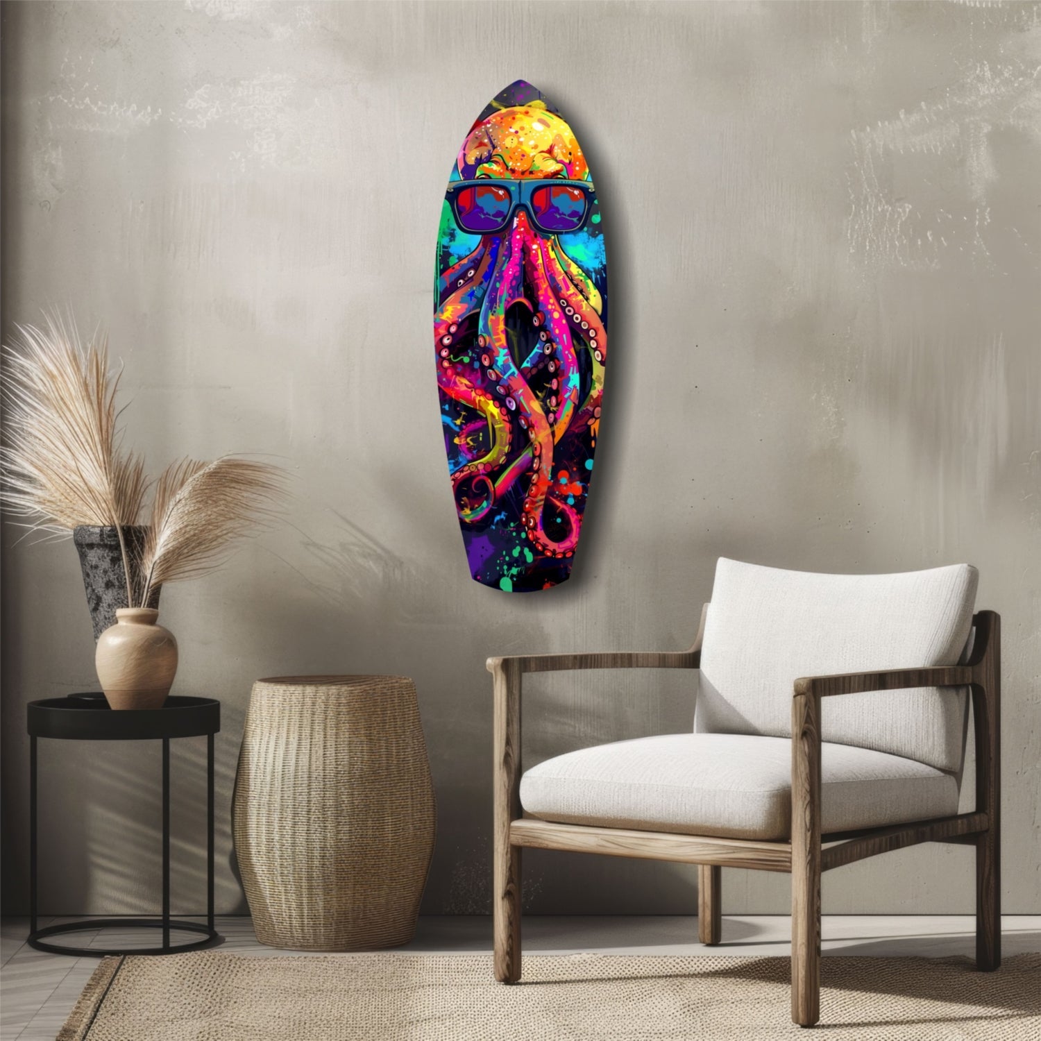 Colorful octopus glass wall art with sunglasses displayed vertically above a wooden chair in a minimalist interior setting.