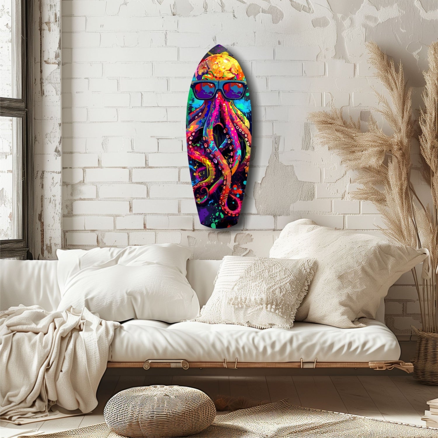 Colorful Mr Octopus glass wall art with vibrant rainbow tentacles and sunglasses displayed above a cream bedside seating area.