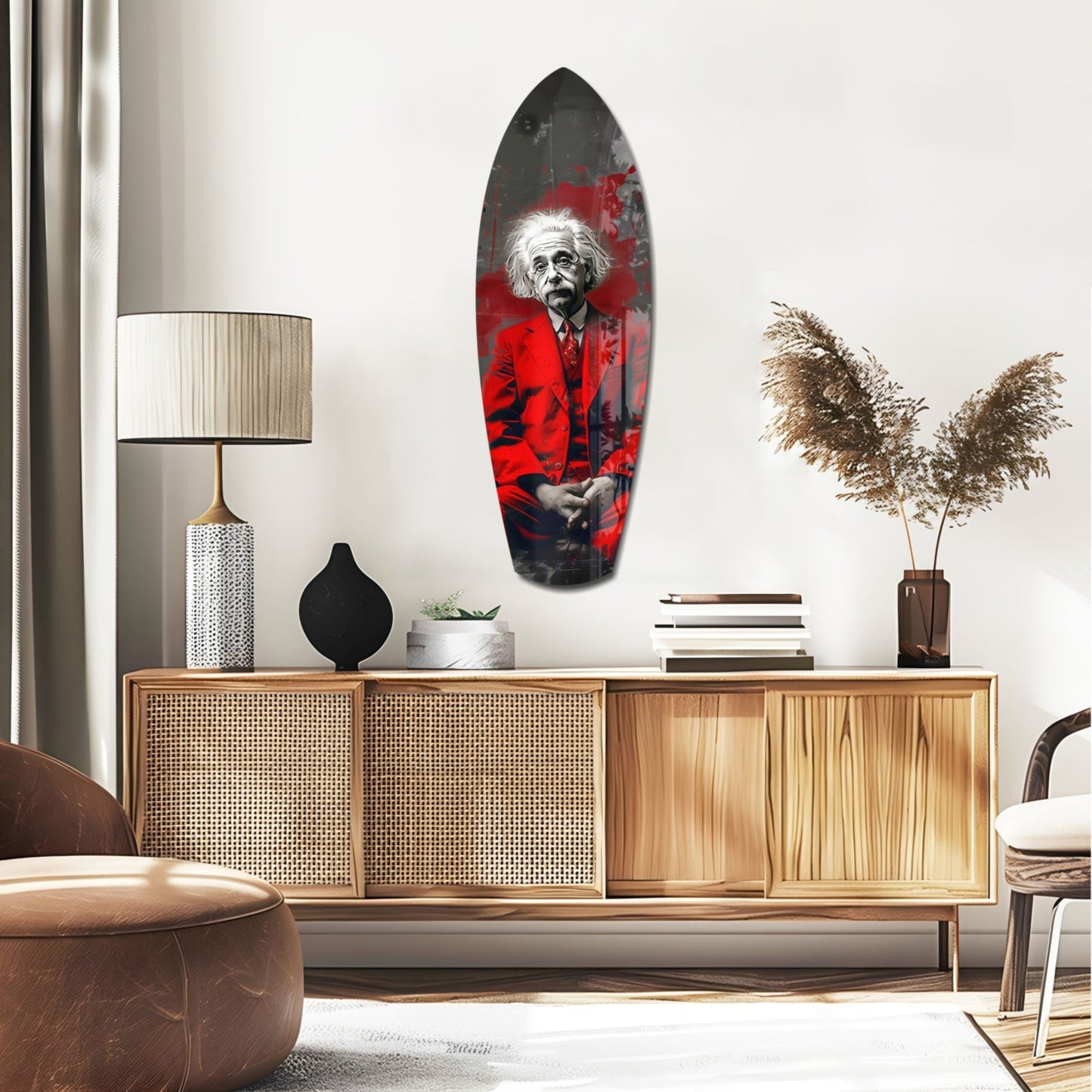 Red Suit Wild Haired Scientist Seated Glass Wall Art