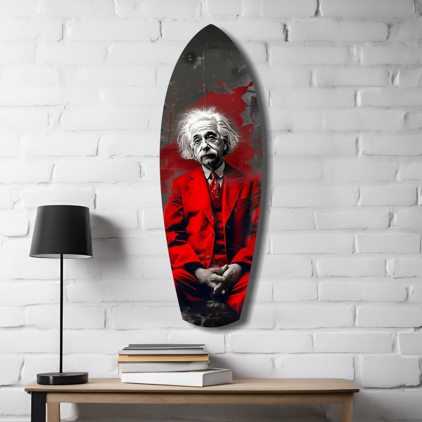 Red Suit Wild Haired Scientist Seated Glass Wall Art