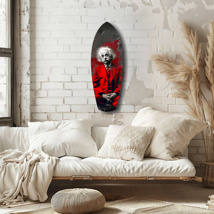 Red Suit Wild Haired Scientist Seated Glass Wall Art