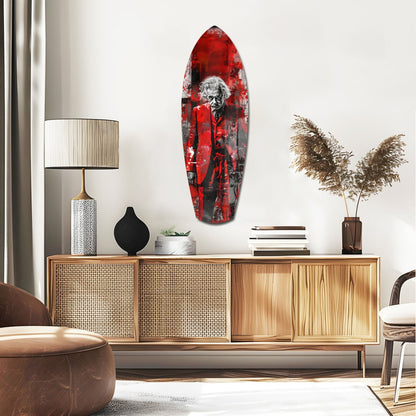 Scarlet Grunge Wild Haired Scientist Surfboard Glass Wall Art