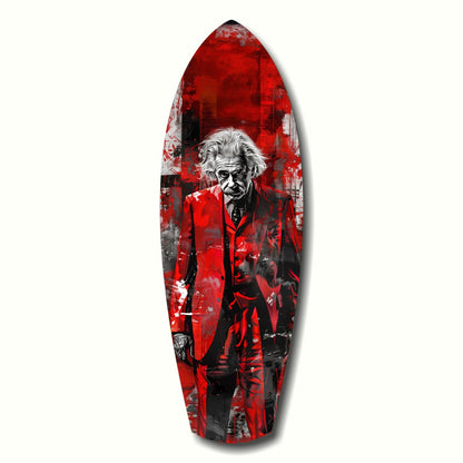 Scarlet Grunge Wild Haired Scientist Surfboard Glass Wall Art
