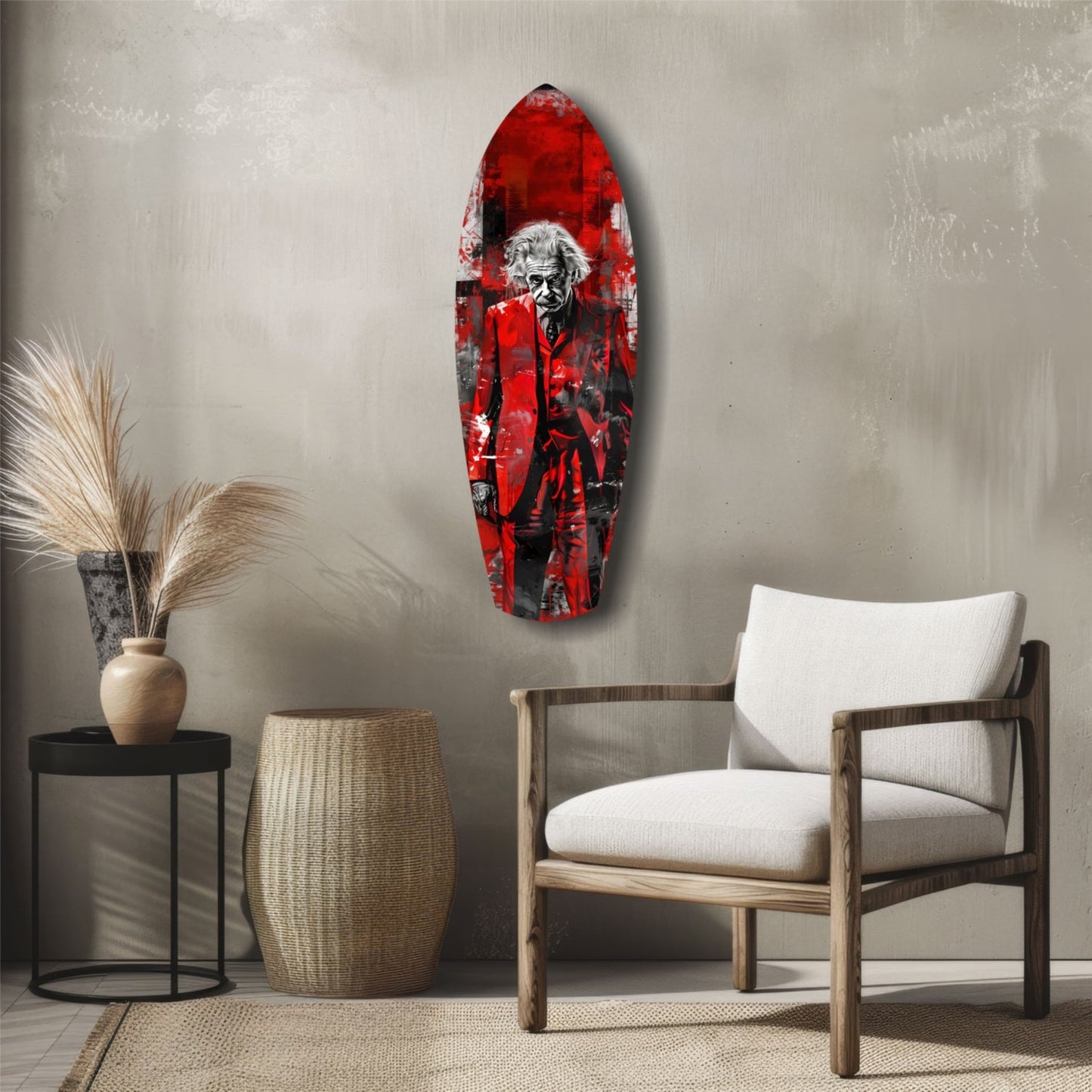 Scarlet Grunge Wild Haired Scientist Surfboard Glass Wall Art