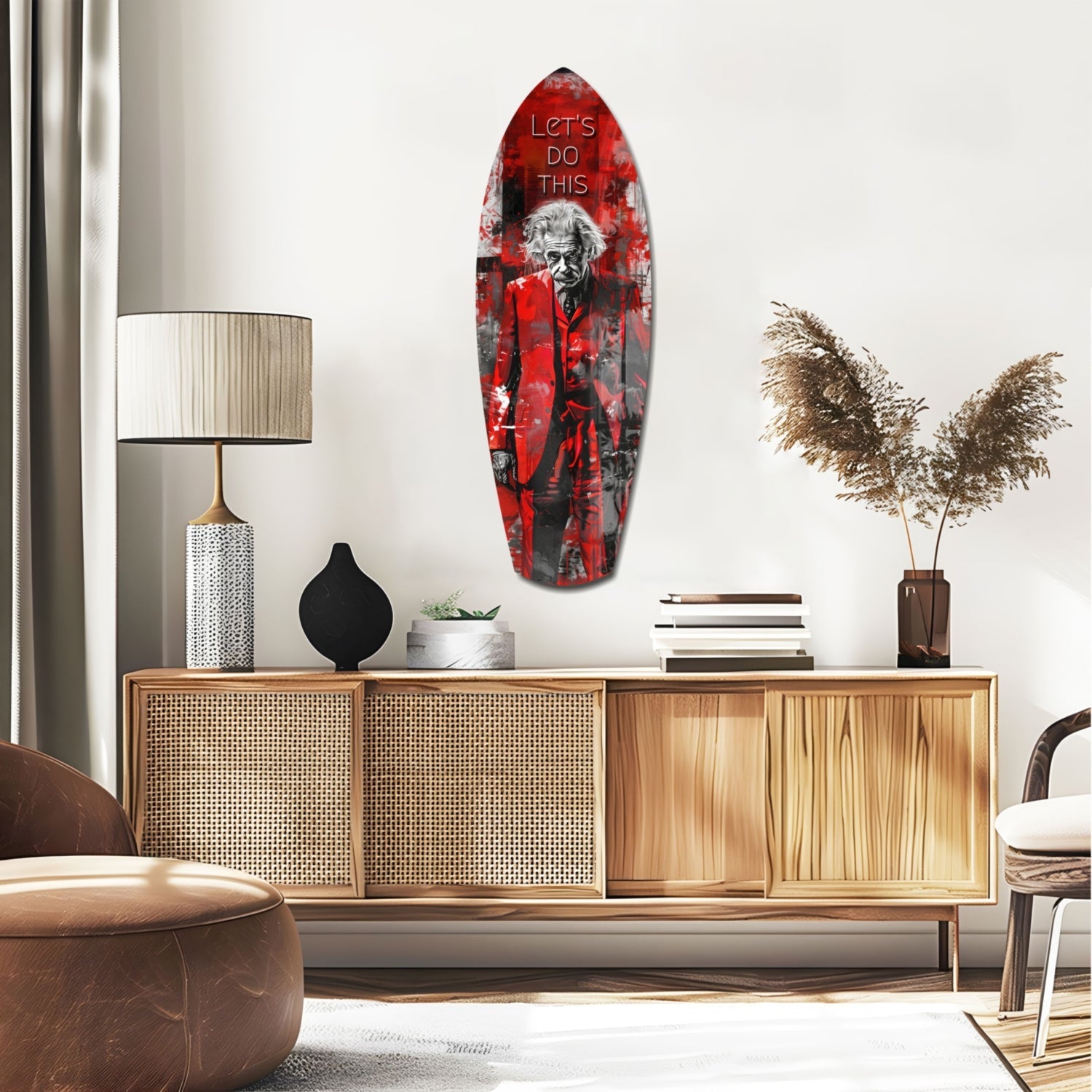 Red and black glass wall art featuring a portrait with "LET'S DO THIS" text, displayed above a wooden credenza in a modern interior setting.