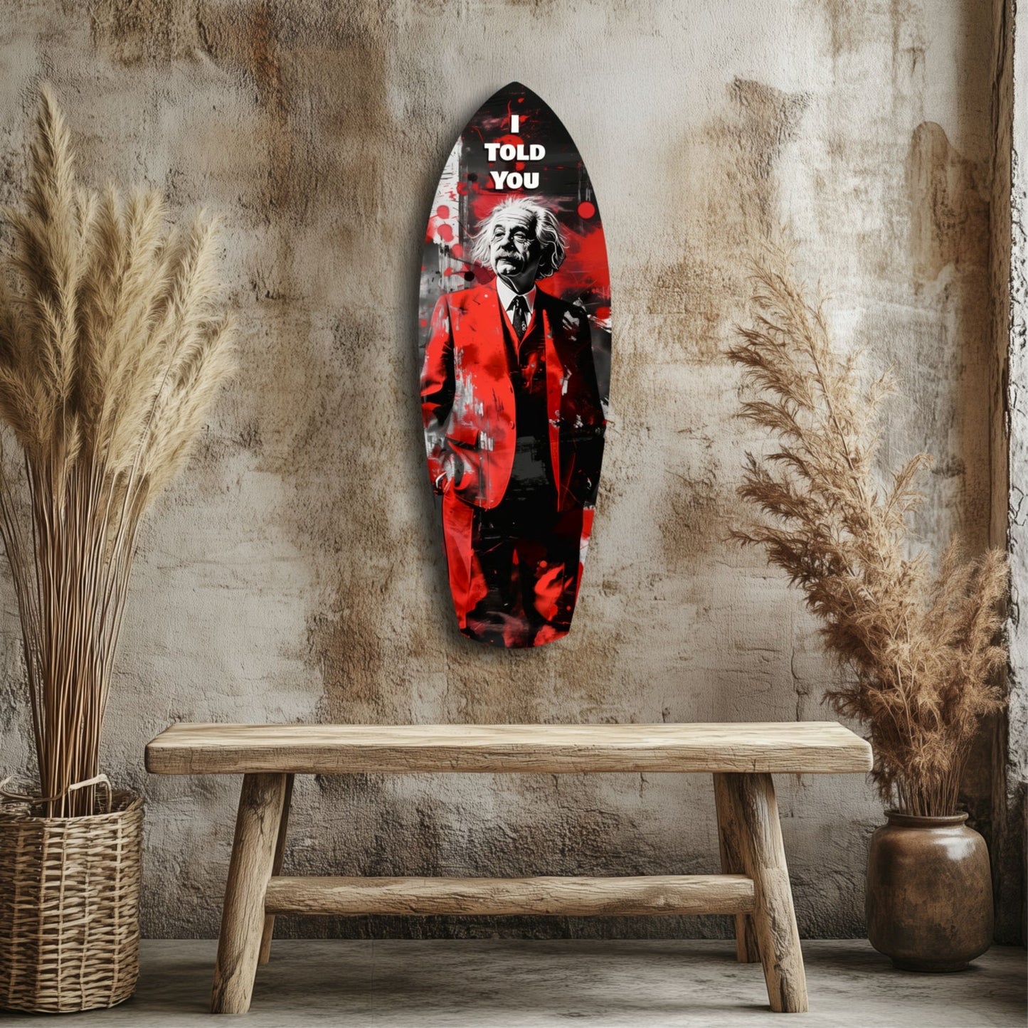 Red and black glass wall art featuring Einstein with "I TOLD YOU" text, displayed above wooden bench in rustic interior setting.