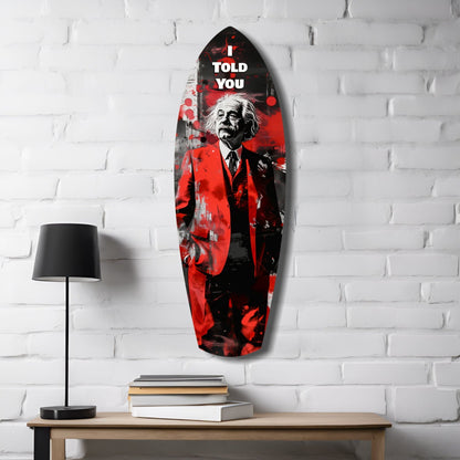 Red and black glass wall art depicting Einstein with "I TOLD YOU" text, displayed on white brick wall above wooden table with lamp and books.